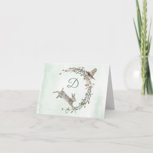 Rabbit and Bird Monogram Wreath Karte (Vorderseite)