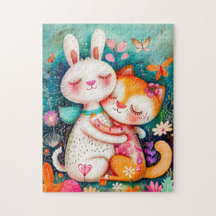 Rabbit and Cat Hugging each other with butterflys Puzzle