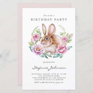 Rabbit and Pink Flowers Birthday Party Invitation
