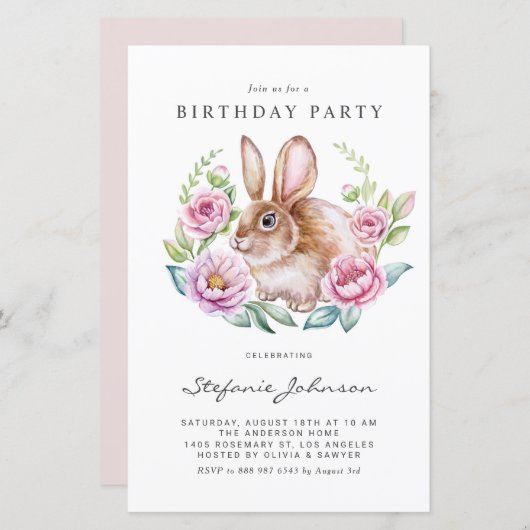 Rabbit and Pink Flowers Birthday Party Invitation (Vorne/Hinten)