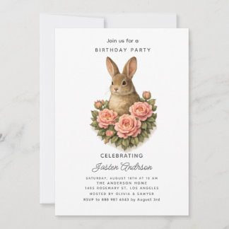 Rabbit and Pink Flowers Birthday Party Invitation Feiertagskarte