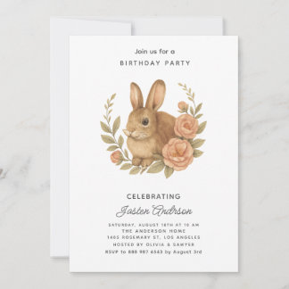 Rabbit and Pink Flowers Birthday Party Invitation Feiertagskarte