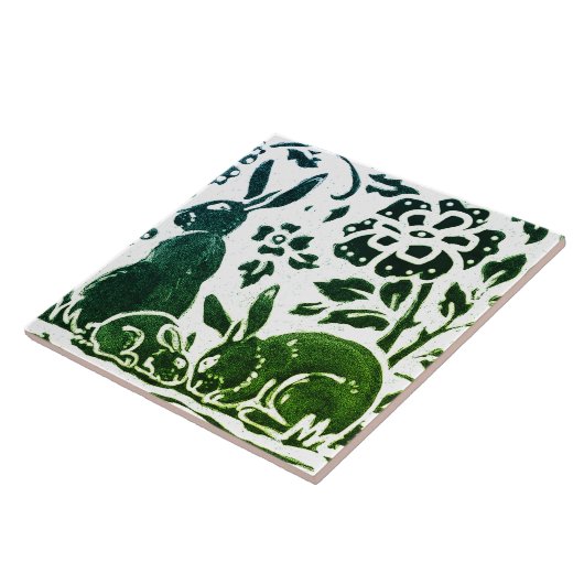 Rabbit Batik Modernes grünes blaues Blumenwald Fliese (Seite)