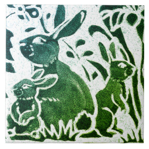 Rabbit Batik Modernes grünes blaues Blumenwald Ku Fliese