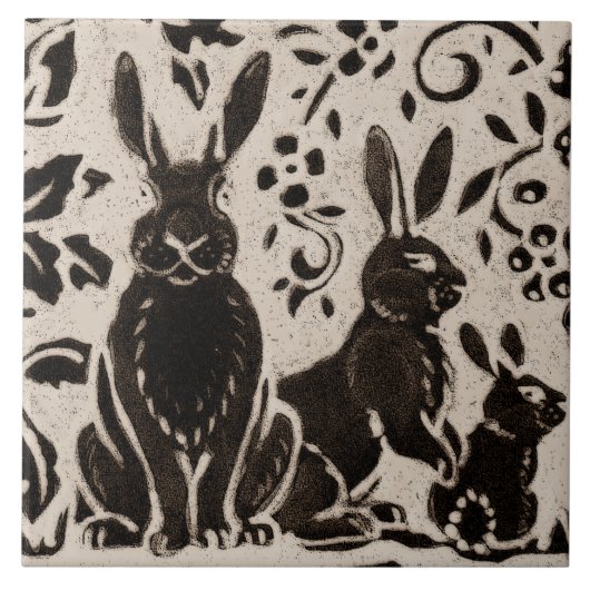 Rabbit Batik Stoneware Woodland Animal Tan Brown Fliese (Vorderseite)
