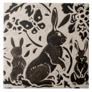 Rabbit Batik Stoneware Woodland Animal Tan Gray Fliese