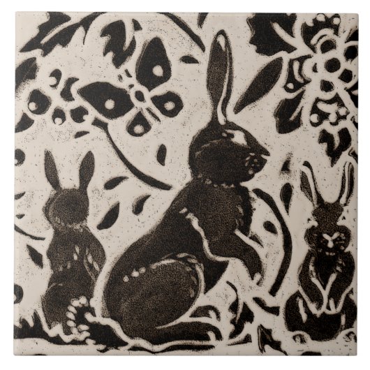 Rabbit Batik Stoneware Woodland Animal Tan Gray Fliese (Vorderseite)