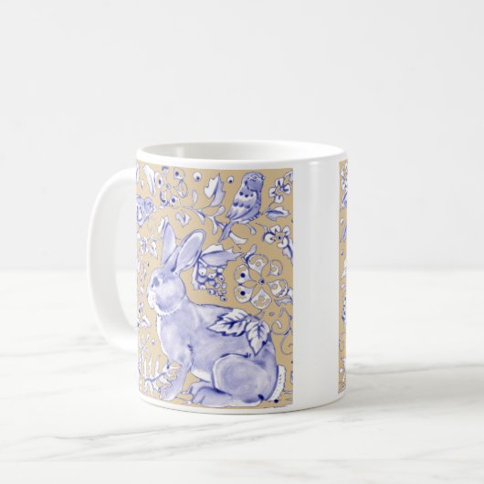 Rabbit Bird Blue Tan Elegant Flora Tierart Kaffeetasse (Vorderseite Links)