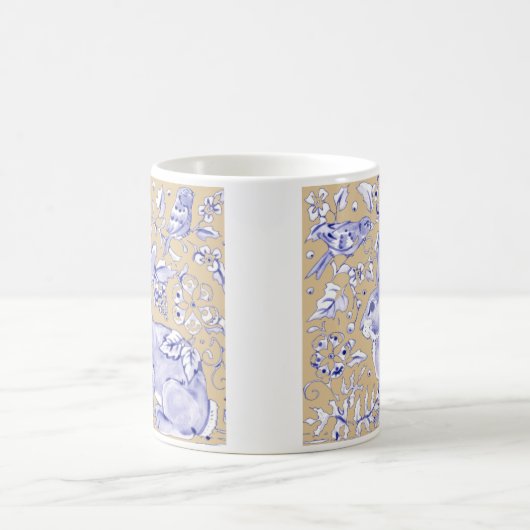 Rabbit Bird Blue Tan Elegant Flora Tierart Kaffeetasse (Mittel)
