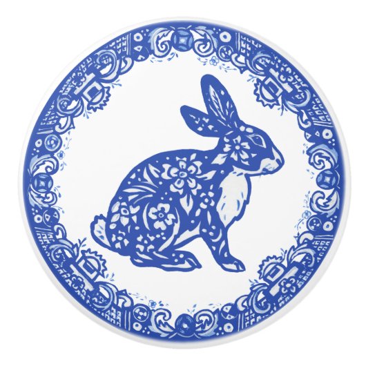 Rabbit Blau & Weiß Design Niedliche Sonnengegenden Keramikknauf (Vorderseite)