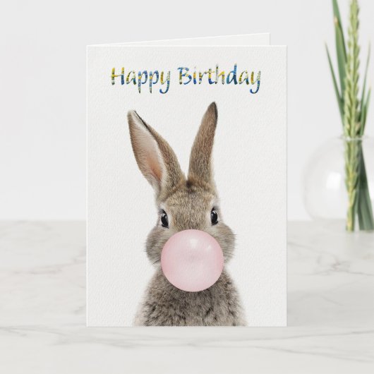 Rabbit Blowing Pink Bubble gum Happy Birthday Karte (Vorderseite)