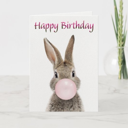Rabbit Blowing Pink Bubble gum Happy Birthday Karte (Vorderseite)