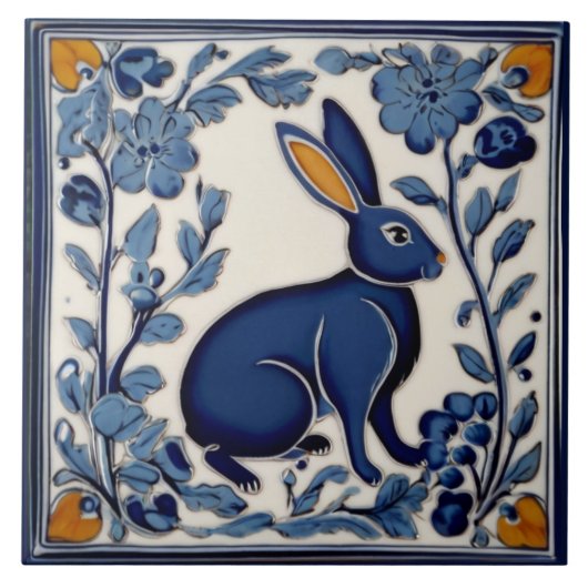 Rabbit Blue and White Folk Art Fliese (Vorderseite)