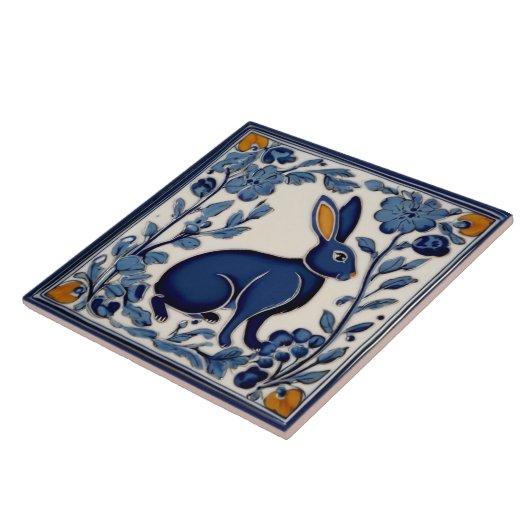 Rabbit Blue and White Folk Art Fliese (Seite)