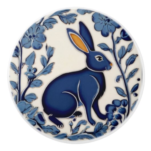 Rabbit Blue and White Folk Art Keramikknauf (Vorderseite)