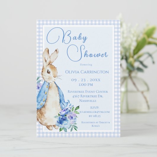 Rabbit Blue Baby Dusche Einladung (Stehend Vorderseite)