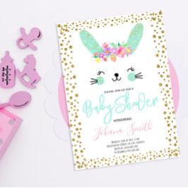 Rabbit Blue Gold Confetti Baby Dusche Einladung
