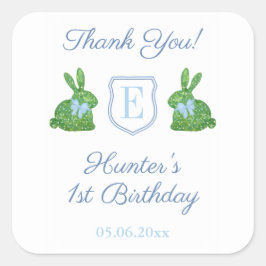 Rabbit Blue Monogram Baby Boy 1. Geburtstag Gefall Quadratischer Aufkleber