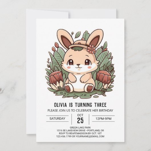 Rabbit Boho Bunny Digital Geburtstag Einladung (Vorderseite)