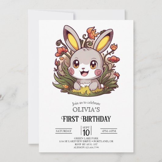 Rabbit Bunny 1. Geburtstag digital Einladung (Vorderseite)