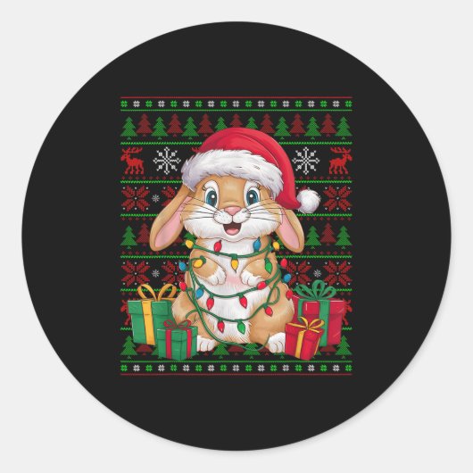 Rabbit Bunny Xmas Lights Ugly Santa Hat Bunny Chri Runder Aufkleber (Vorderseite)