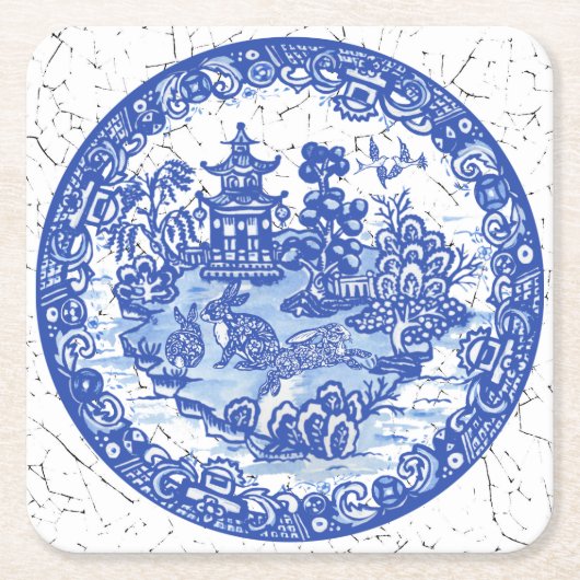 Rabbit Chinoiserie Blue White Willow Einzigartig Rechteckiger Pappuntersetzer (Vorderseite)