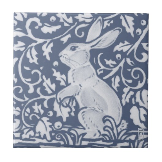 Rabbit Denim Blue White Botanical Dedham Delft  Fliese (Vorderseite)