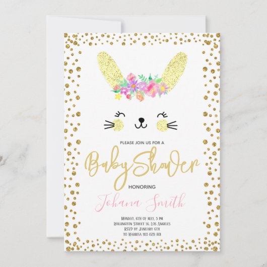 Rabbit Gold Confetti Kinderdusche Einladung (Vorderseite)