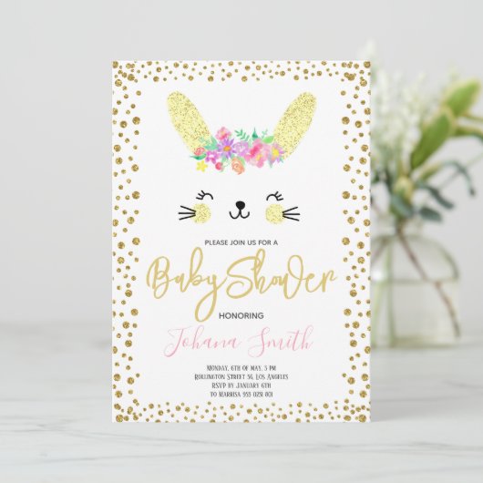 Rabbit Gold Confetti Kinderdusche Einladung (Stehend Vorderseite)