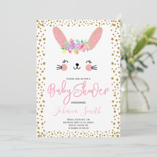 Rabbit Gold Confetti Kinderdusche Einladung (Stehend Vorderseite)