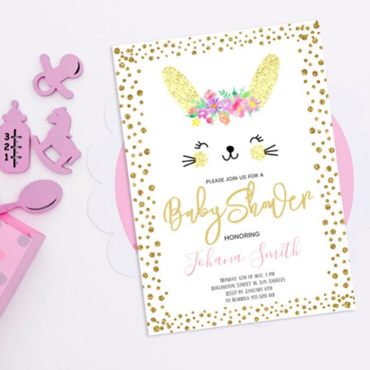 Rabbit Gold Confetti Kinderdusche Einladung
