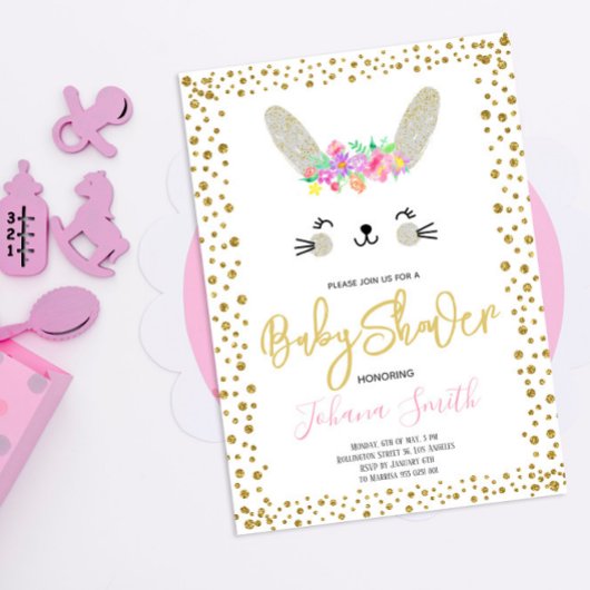 Rabbit Gray Gold Confetti Kinderdusche Einladung