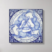 Rabbit Hare Bird Tile Medallion Art Blue & White