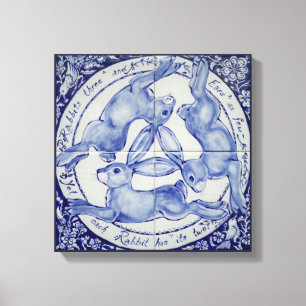 Rabbit Hare Bird Tile Medallion Art Blue & White Leinwanddruck