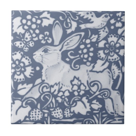 Rabbit Hare Denim Blue Botanical Dedham Delft Fliese (Vorderseite)