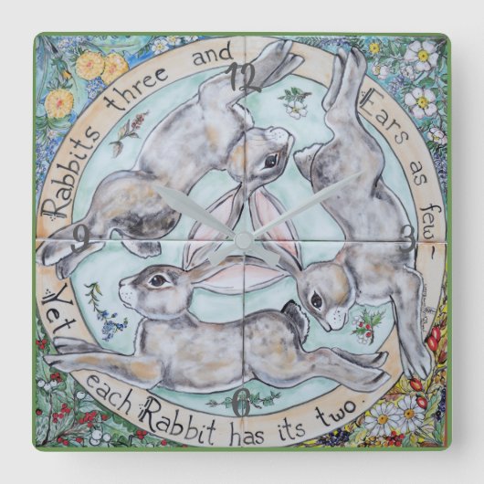 Rabbit Hare Trio Four Seasons Clock Light Green Quadratische Wanduhr (Vorderseite)