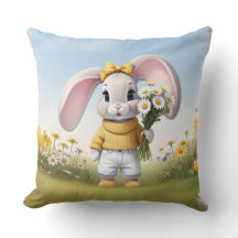 Rabbit holding bouquet of white daisies