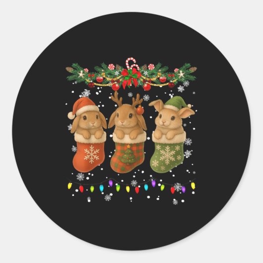 Rabbit In Christmas Socks Lights Rabbit Xmas Runder Aufkleber (Vorderseite)