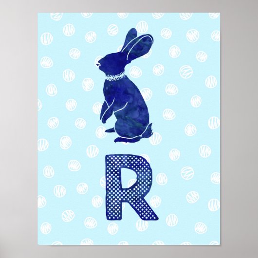 Rabbit Letter R Blue Dots für das Kinderzimmer von Poster (Vorne)