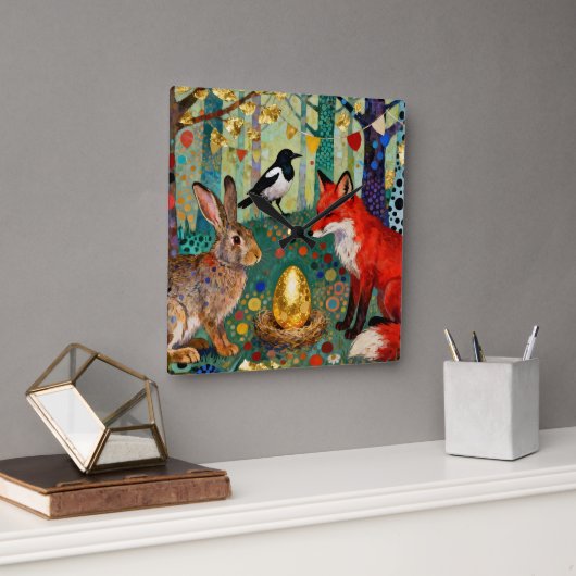 Rabbit, Magpie, Fox and “The Golden Goose Egg” Quadratische Wanduhr (Büro)