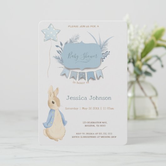 Rabbit Peter Baby Dusche Sein a Boy Einladung (Stehend Vorderseite)