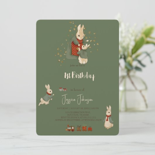 Rabbit Peter Weihnachten 1. Geburtstag Einladung (Stehend Vorderseite)