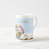 Rabbit pink ears white daisies Happy Easter Porzellantasse (Vorderseite Rechts)