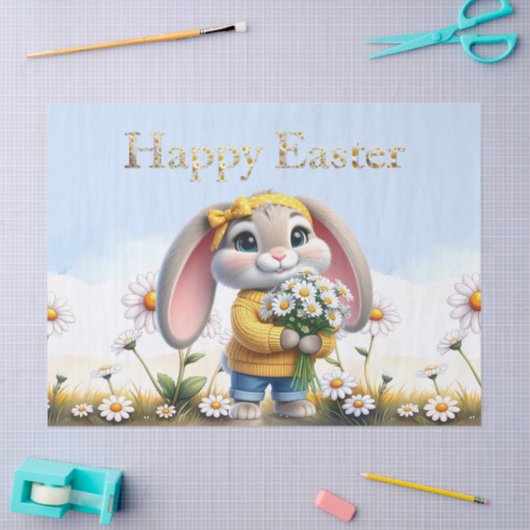 Rabbit pink ears white daisies Happy Easter Seidenpapier (Basteln)