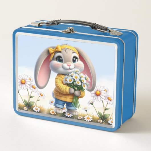 Rabbit pink ears white daisies  metall brotdose (Vorderseite)