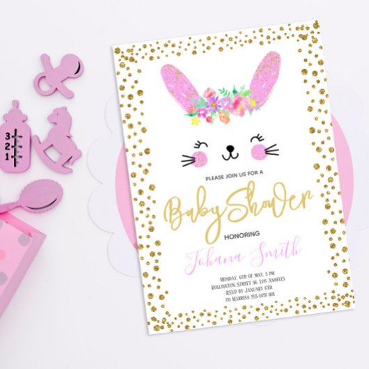 Rabbit Pink Gold Confetti Kinderdusche Einladung
