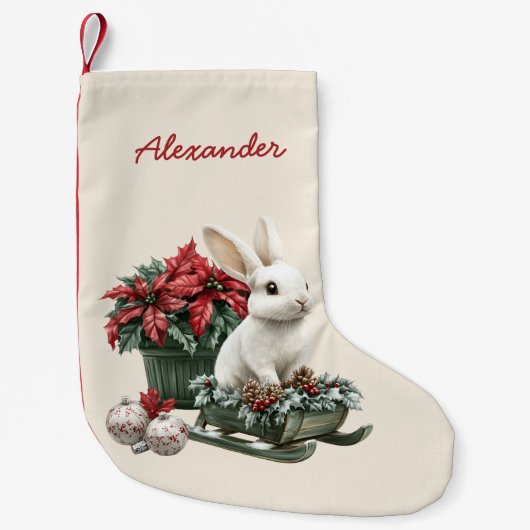 Rabbit Poinsettia Custom Name Kleiner Weihnachtsstrumpf (Vorderseite)