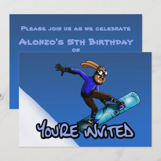 Rabbit Snowboarder Birthday Party Einladung (Vorne/Hinten)