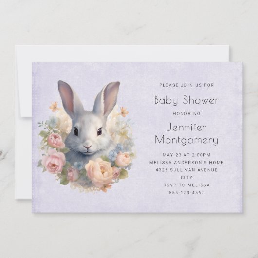 Rabbit Surrounded by Flowers Cute Baby Shower Einladung (Vorderseite)