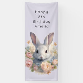 Rabbit Surrounded by Pastel Flowers Cute Birthday Banner